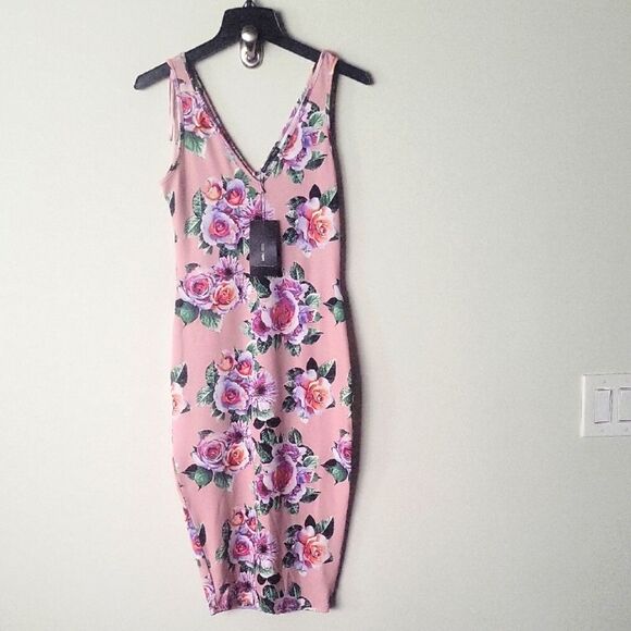 NWT Zara BodyCon Dress Pink Roses Floral Midi Sexy Fitted S Short Sleeve V Neck - Picture 1 of 8